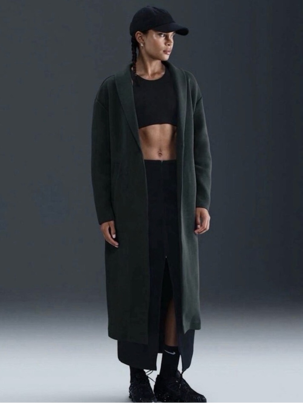 Nike Long Open-Front Coat in Deep Green